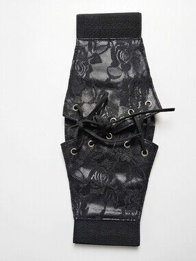 Black Floral Lace Up Corset Belt Wide Elastic Waist Cincher Goth Renaissance OS